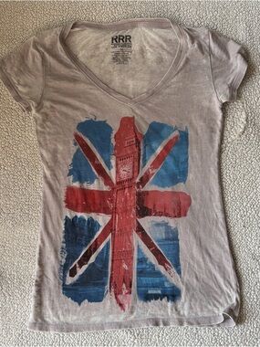 Women's Short-Sleeve V-Neck Tee in White with Union Jack Graphic